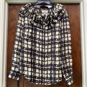 J. Crew Collection silk twill ruffle-collar top plaid ivory brown plaid Sz Small